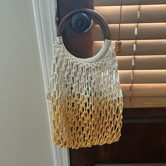 Macramé Handbag Wooden Handle Ombre Beach Bag Boho Chic Retro - Picture 7 of 10